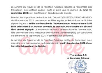 Urgent :le lundi 16 septembre n’est pas férié pas en Guinée (communiqué)