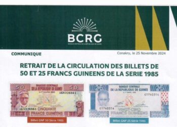 Banque Centrale : retrait dans la circulation des billets de 50 et 25 francs guinéens à compter du 02 décembre au 30 juin 2025